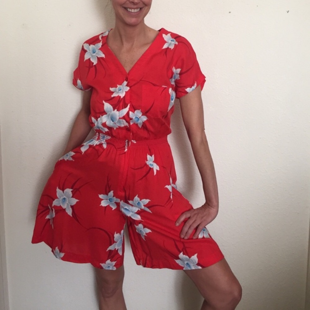 Vintage Royal Palm Floral Romper With Pockets